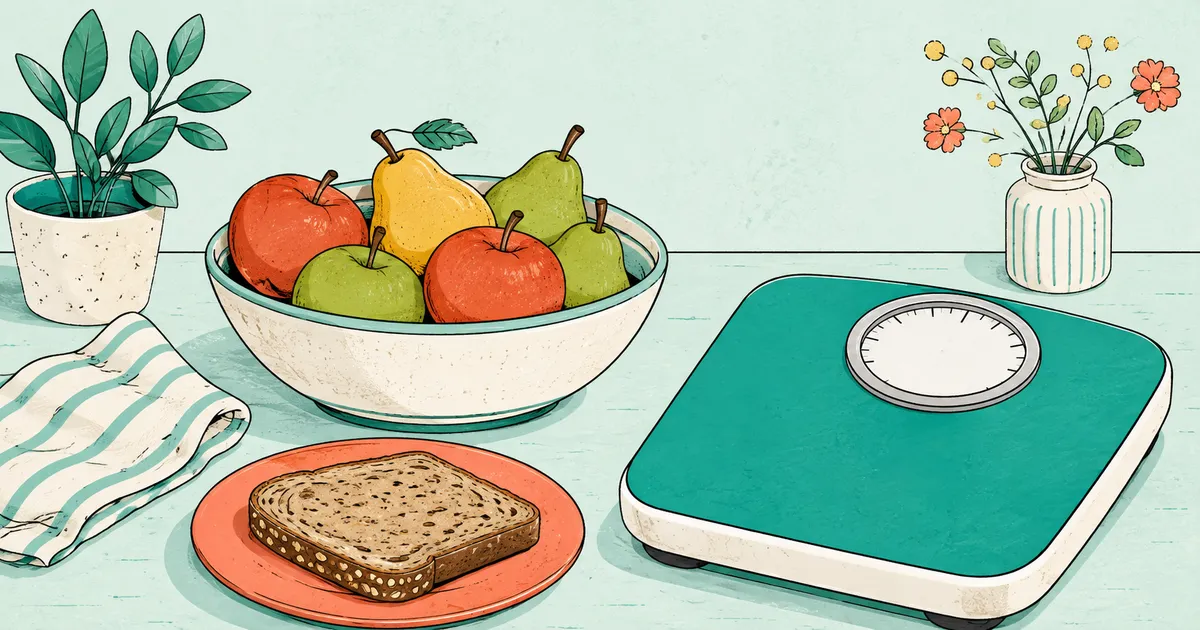 Fruit, a slice of bread and a scale with an unnumbered dial.
