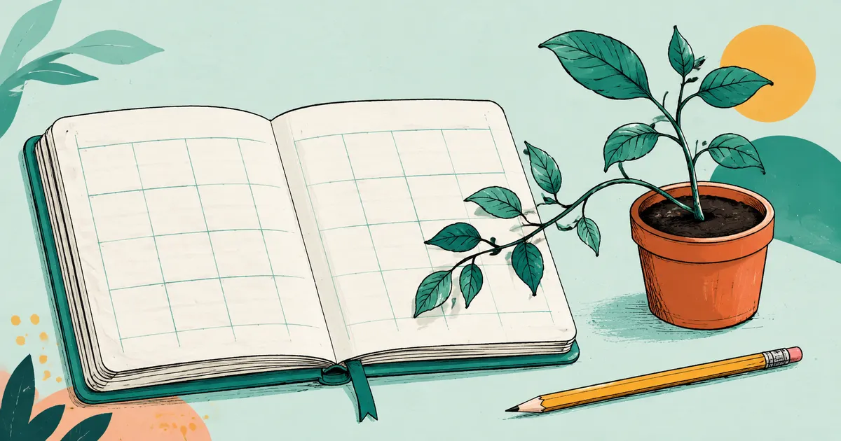 A young plant growing beside an open calendar.