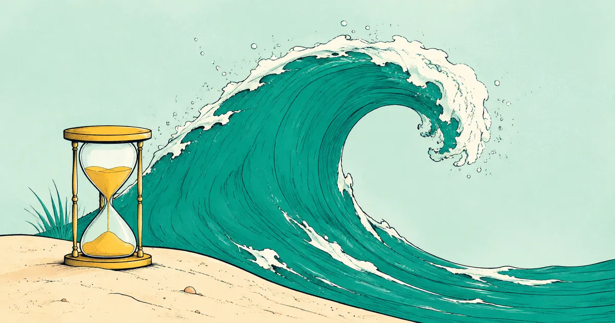 A teal wave beside an hourglass.