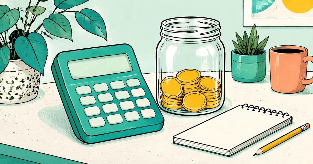 A calculator beside a jar of coins.