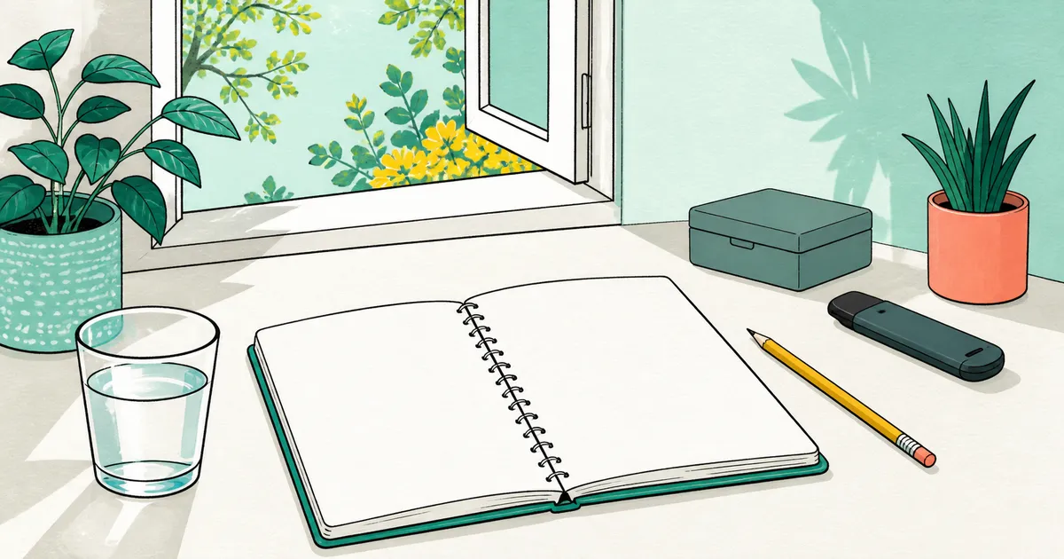 An open notebook and a glass of water, with a vape device set aside.