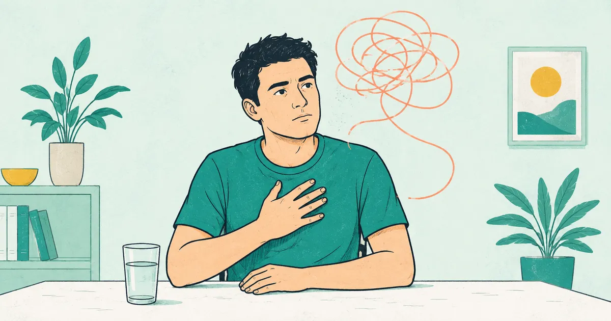 An adult seated with a hand on the chest and a tangled line representing a thought.
