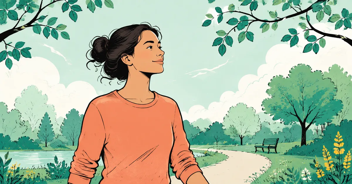 An adult walking in a leafy park.