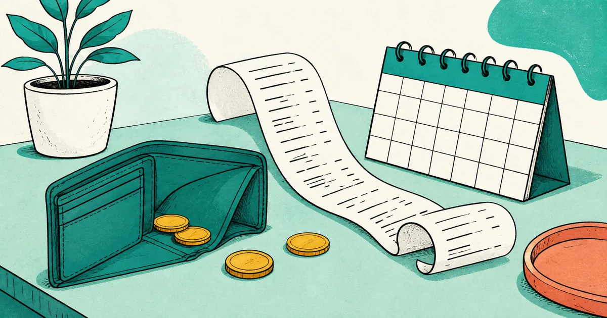 A wallet, a long receipt and a calendar.