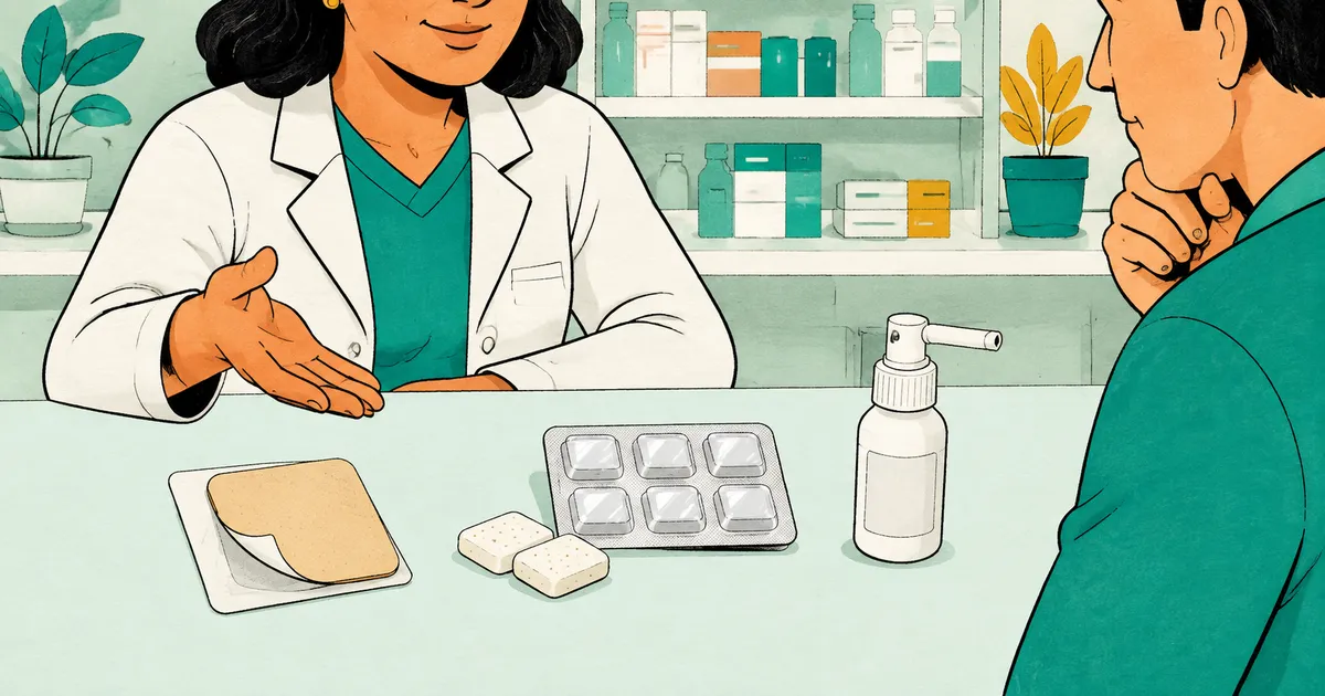 A pharmacist presents a patch, gum and a spray on a counter.