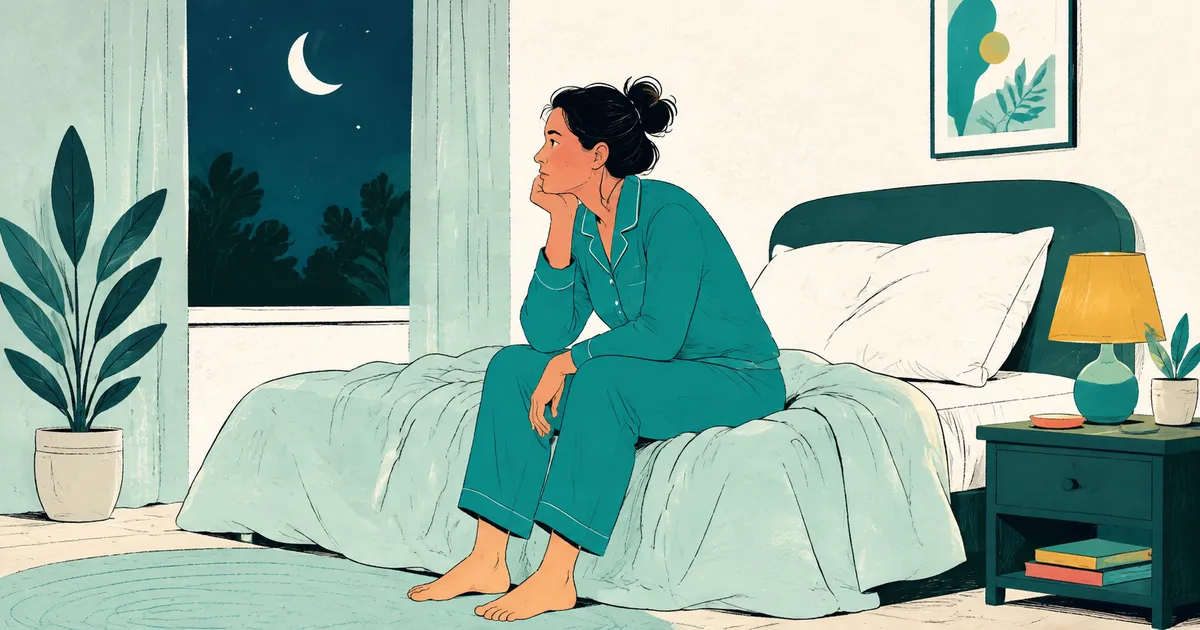 An adult sitting awake on the edge of a bed at night.