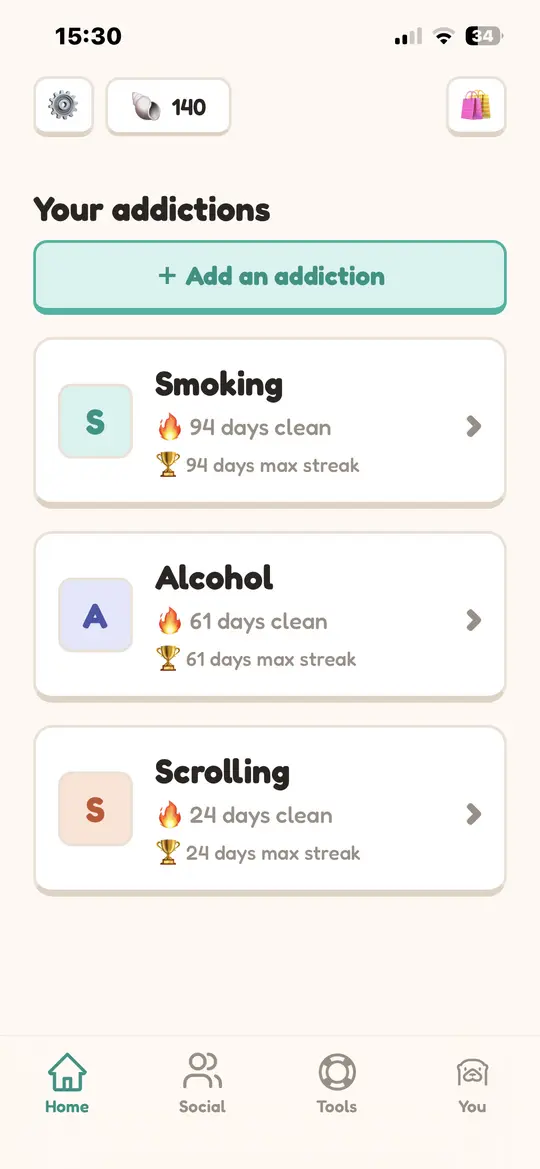 A list of tracked addictions in Loutra: smoking, alcohol and scrolling, each with its clean-day count.