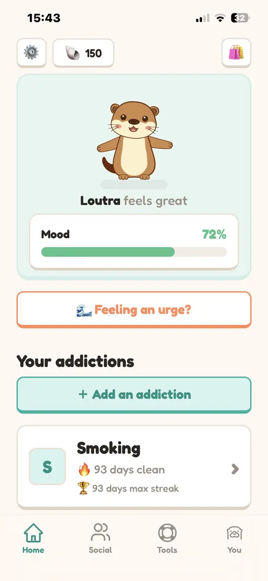 Loutra home screen: the otter, its mood at 72%, and a list of tracked addictions.