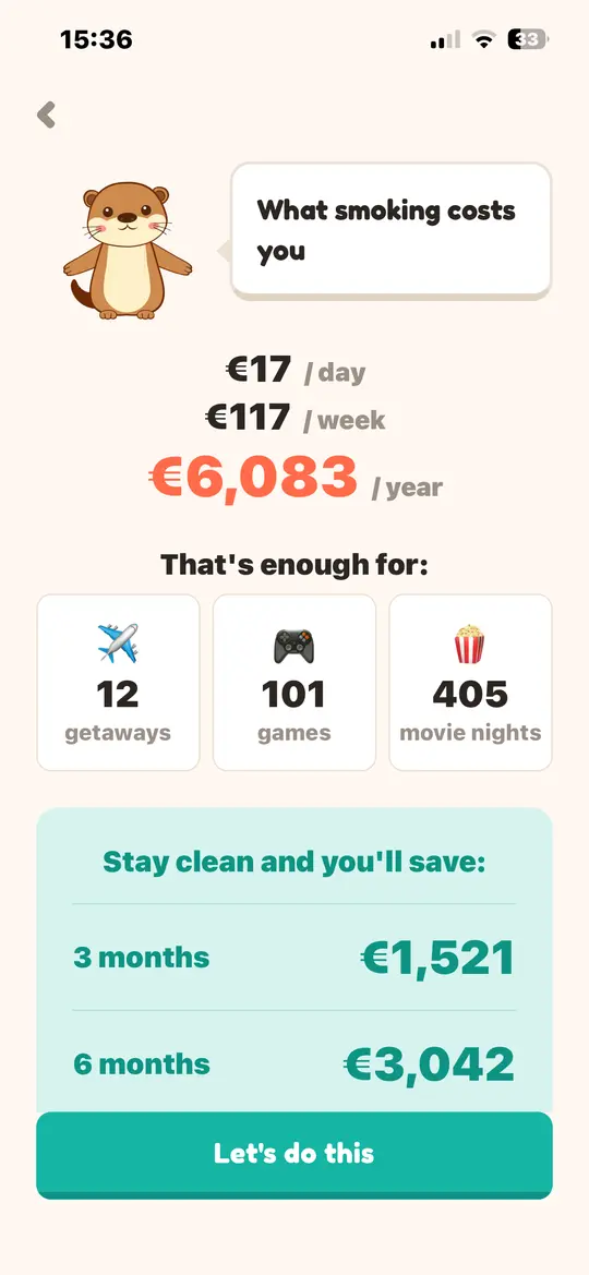 Loutra showing what smoking costs: €17 a day, €6,083 a year, and what that money is worth.
